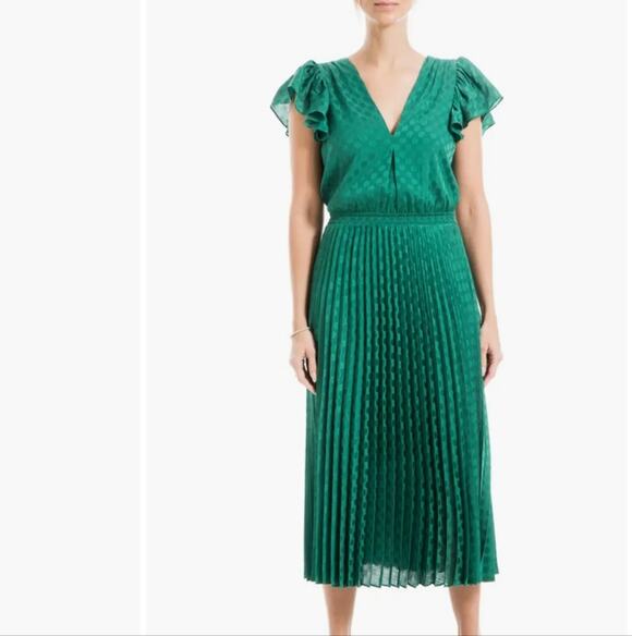 Max Studio Dresses & Skirts - Max Studio Jade Green Pleated Satin Polka Dot Midi Dress NWT Flutter Sleeve Sm